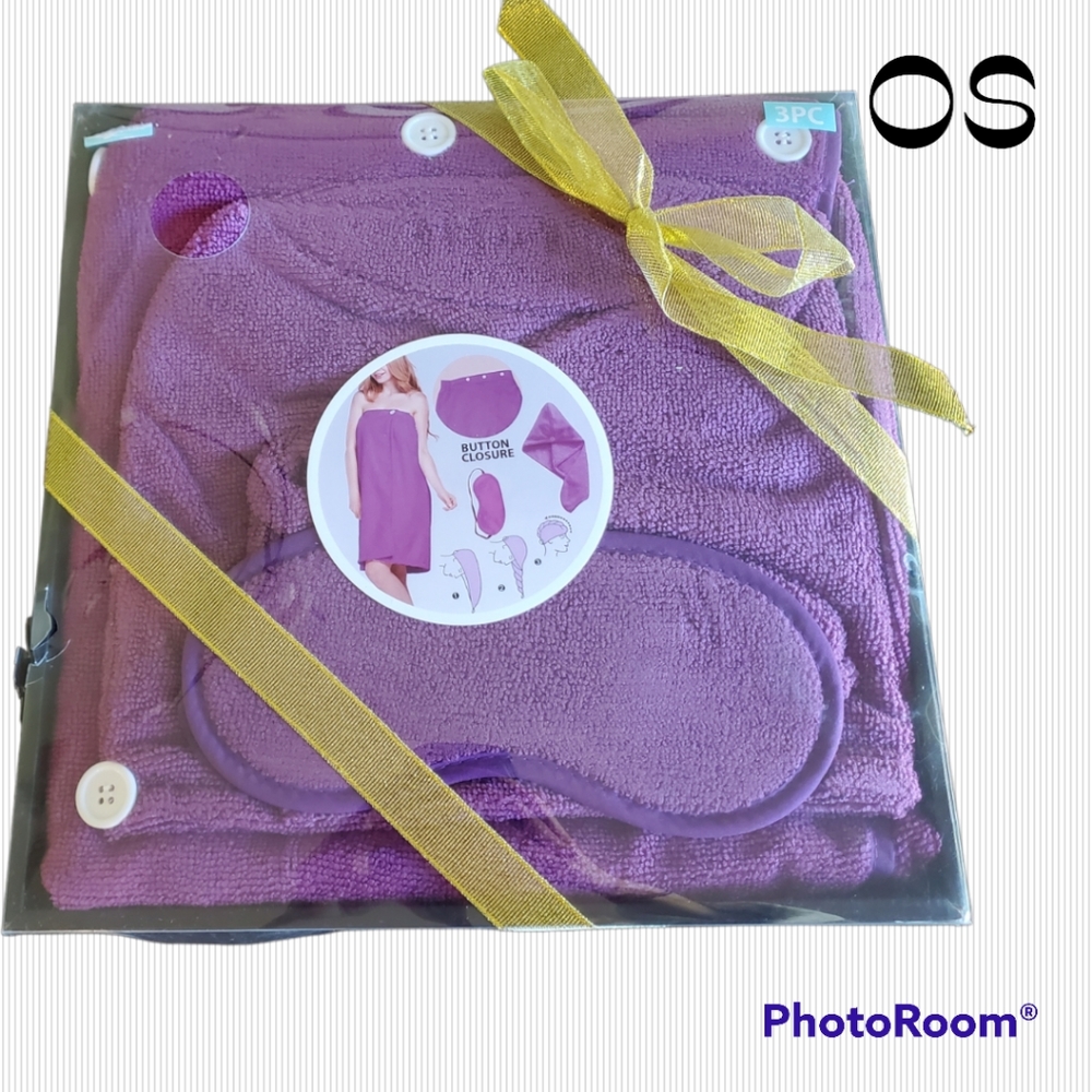 Bath Set NIB 3 pieces Purple Wrap, Hair Towel, Sleep Mask